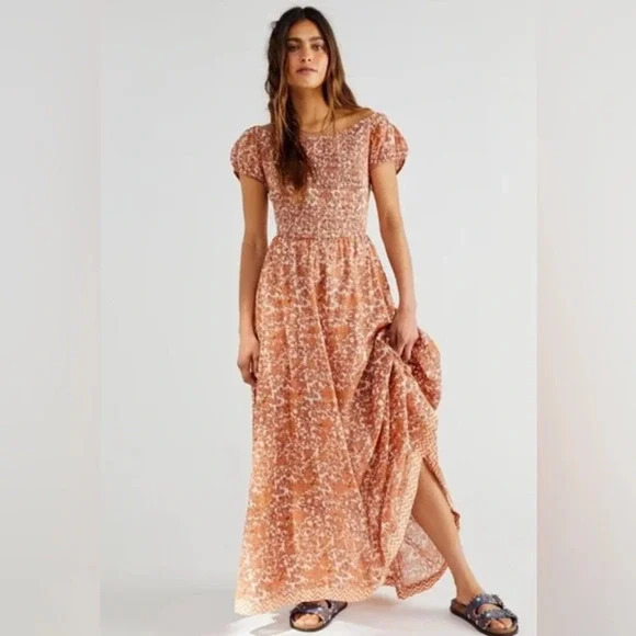Free People Ultraviolet Floral Puff Sleeve Smocked Maxi Sundress Orange Women XS - Picture 1 of 7